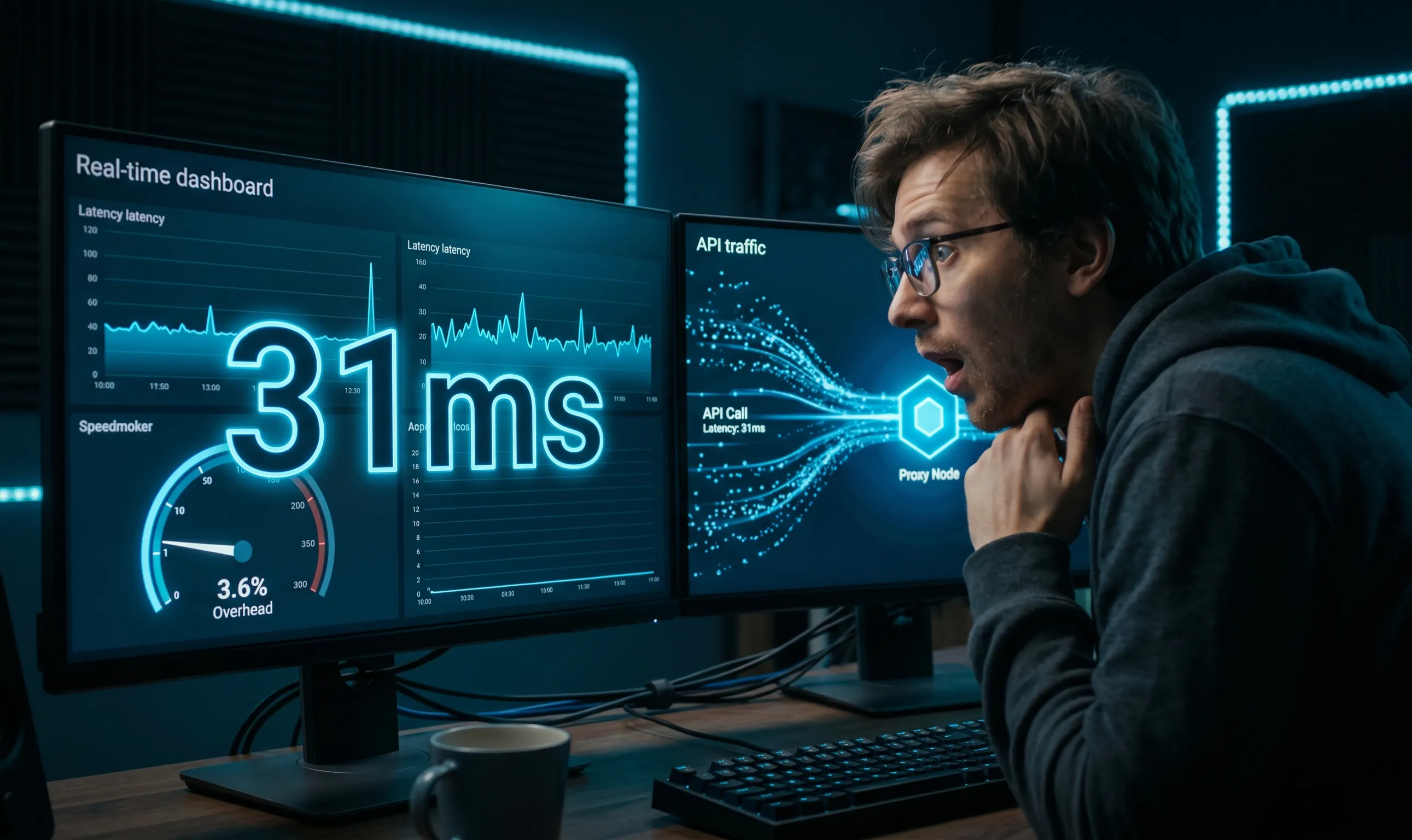 Developer amazed by proxy latency benchmark results showing only 31ms overhead on dual monitors