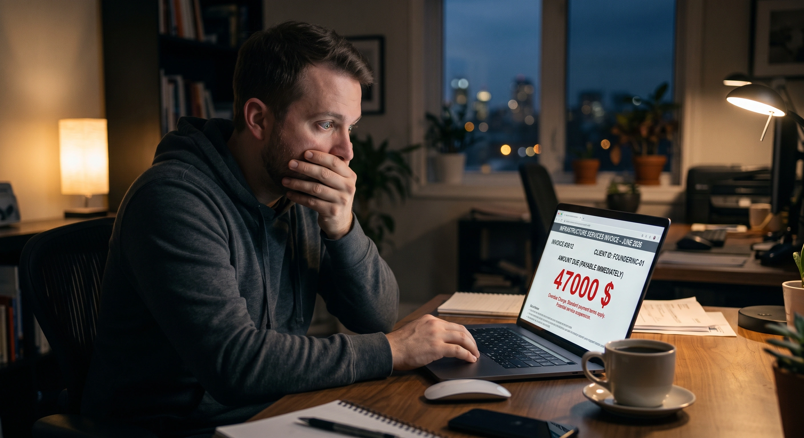 Founder sitting alone at his desk early morning staring at a shockingly high invoice on his screen with a devastated expression