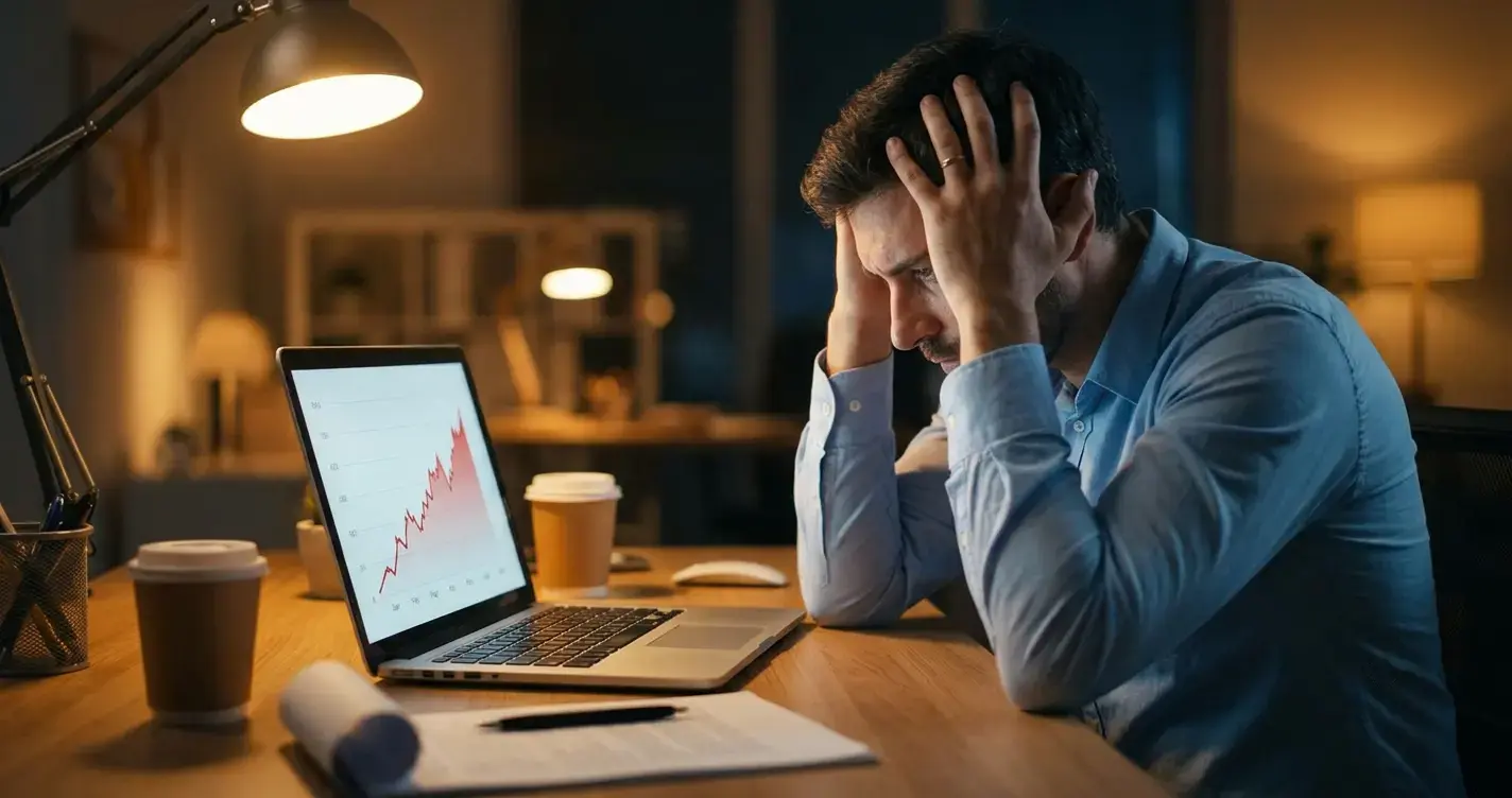 A stressed startup founder sitting at a desk late at night, staring at a laptop showing a rising cost graph