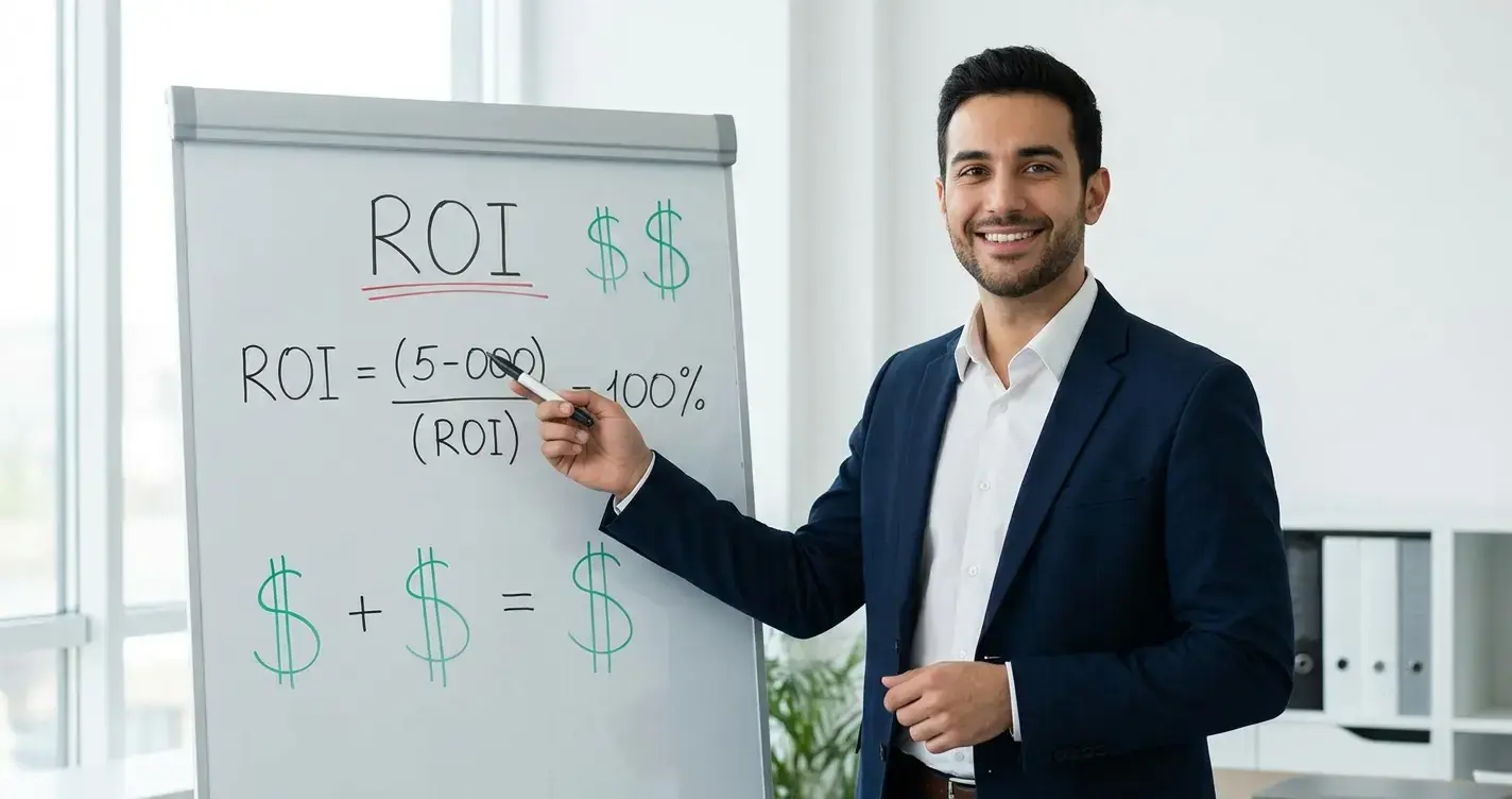 A confident business analyst smiling while pointing at a whiteboard showing ROI calculations and dollar signs