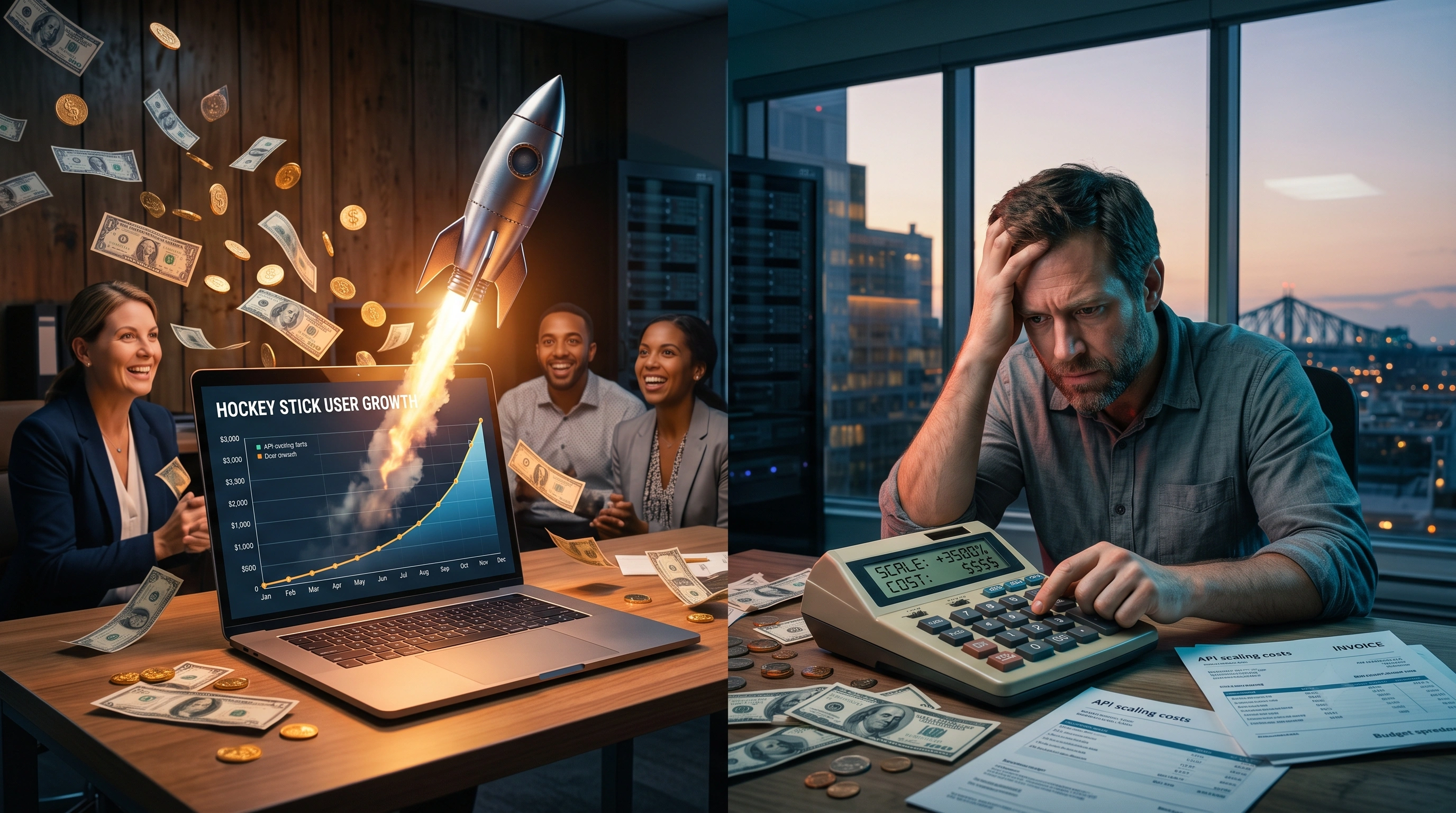 Rocket launch with a dashboard showing exponential user growth and AI cost curve