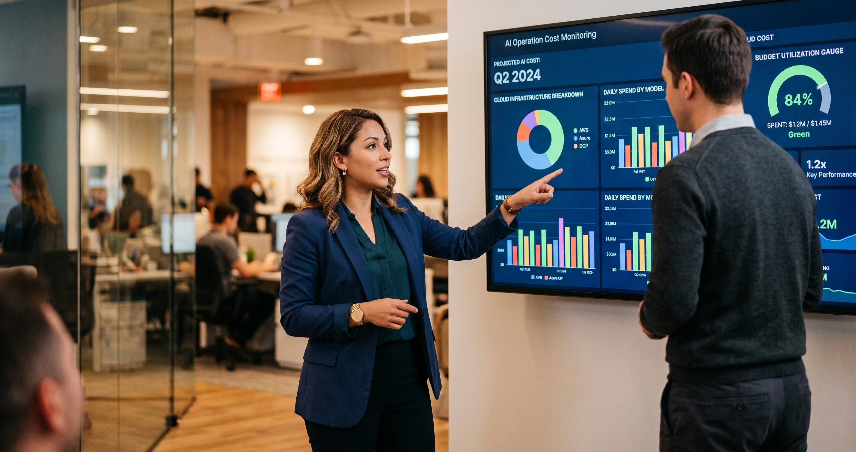 Engineering team lead reviewing AI monitoring dashboards showing cost breakdowns across multiple LLM providers on a large screen