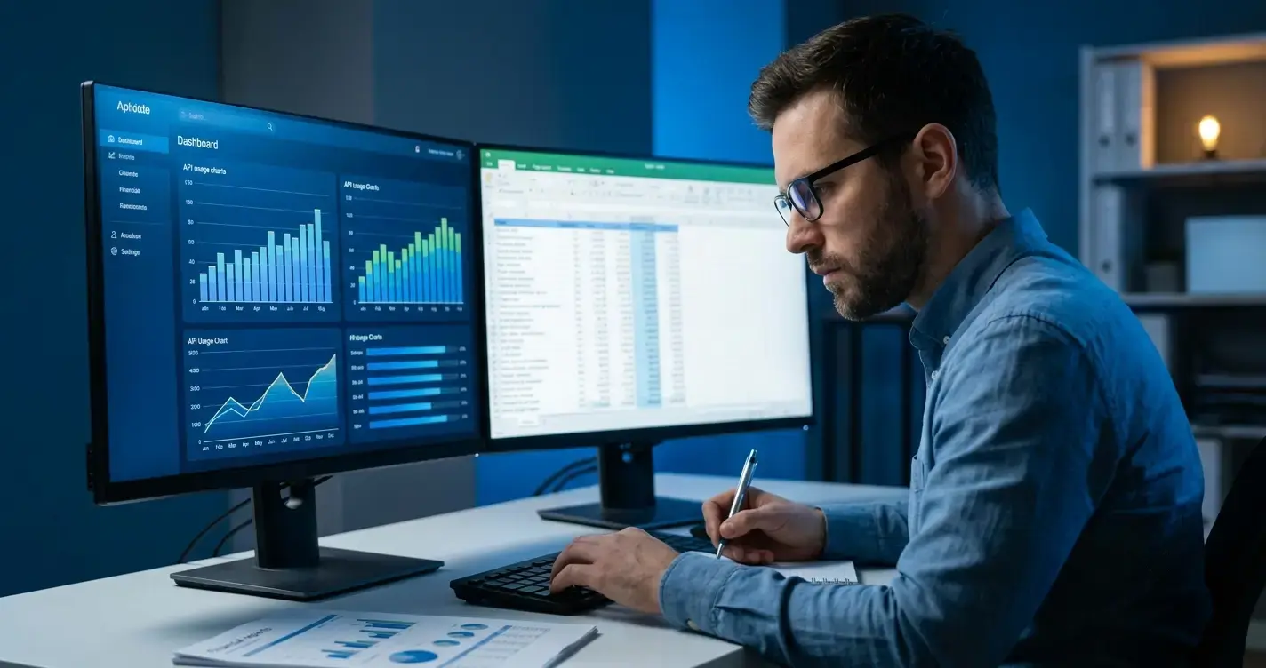 A focused software engineer reviewing financial reports on dual monitors showing API usage charts