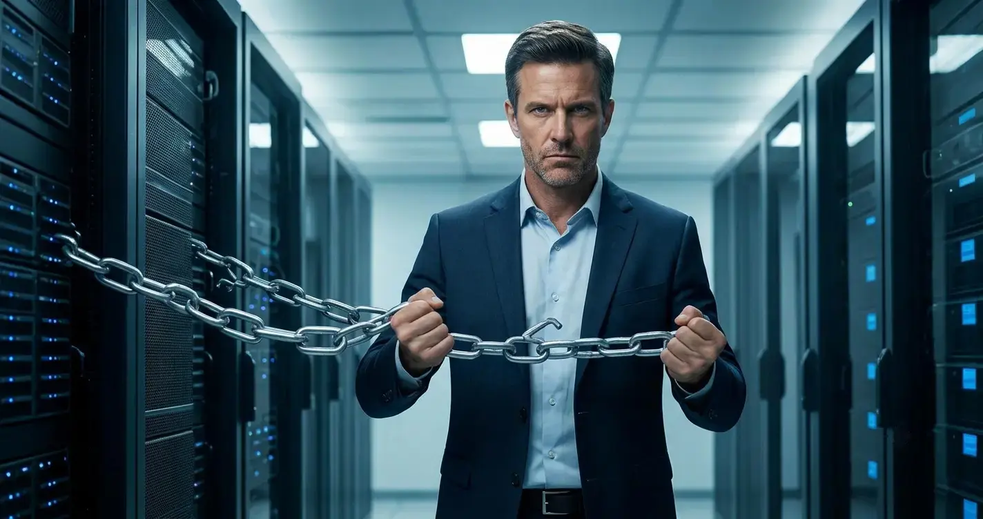 A determined CTO breaking free from chains wrapped around a server rack, symbolic of vendor lock-in