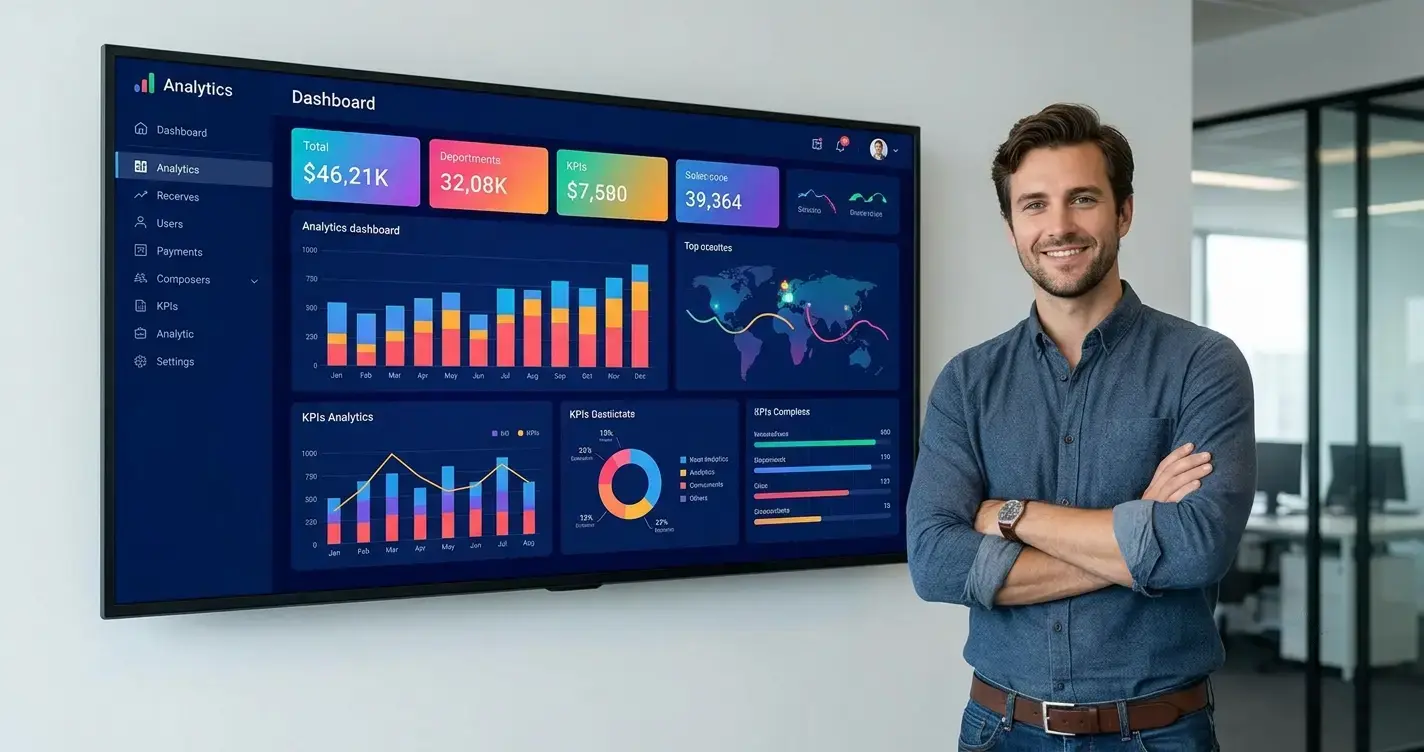 A proud developer standing next to a large wall-mounted monitor displaying a colorful analytics dashboard