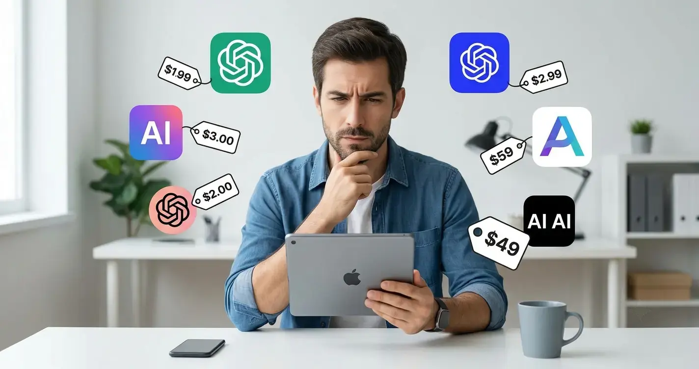 A savvy developer comparing prices on a tablet, surrounded by floating AI model logos and price tags