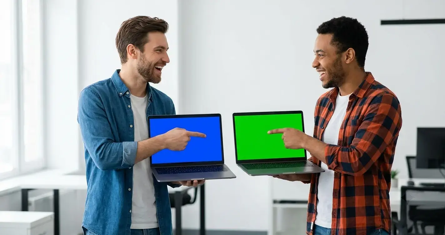 Two developers in a friendly debate, one holding a laptop with a blue screen, the other with a green screen