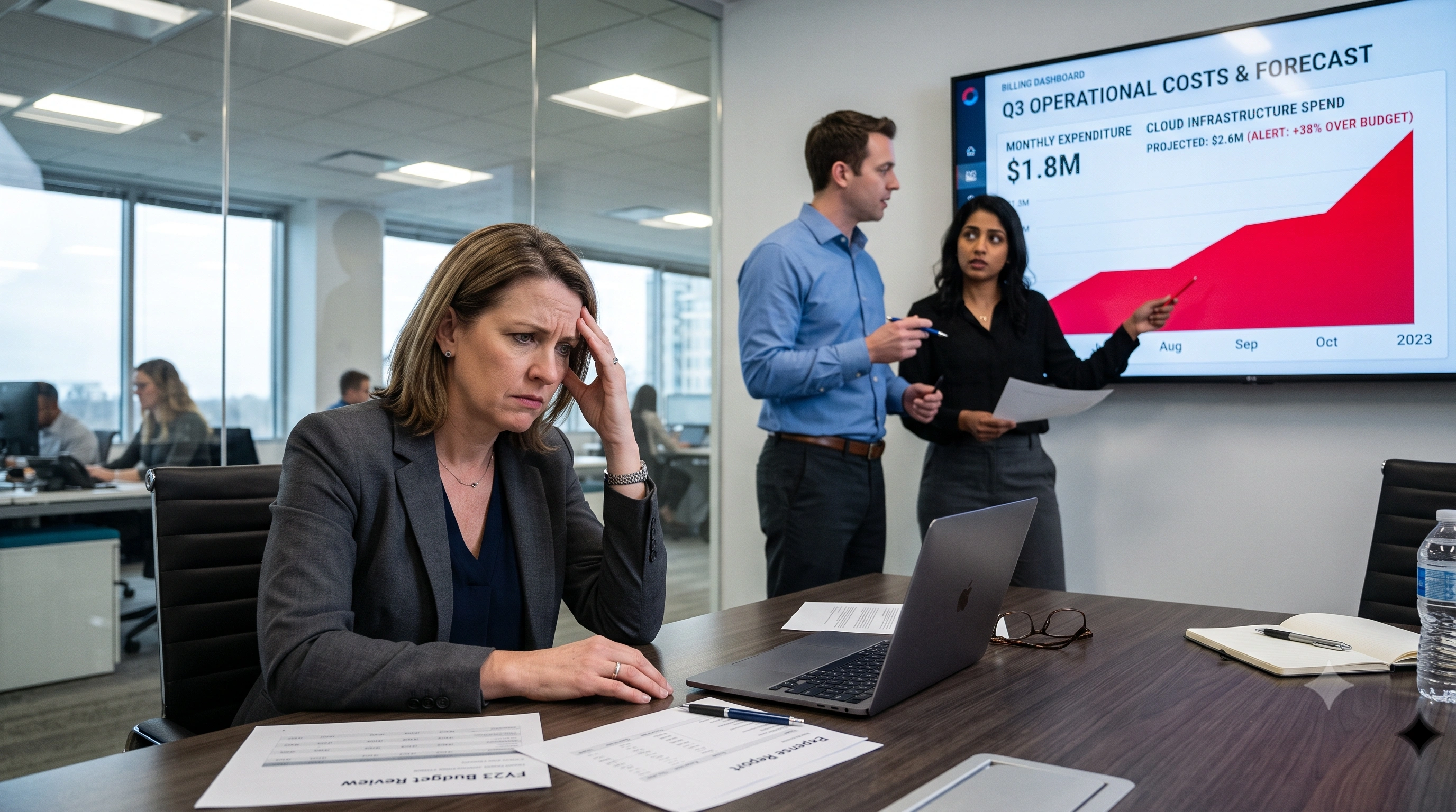 Frustrated CFO staring at a massive cloud bill on her screen while her team discusses behind her in a modern office
