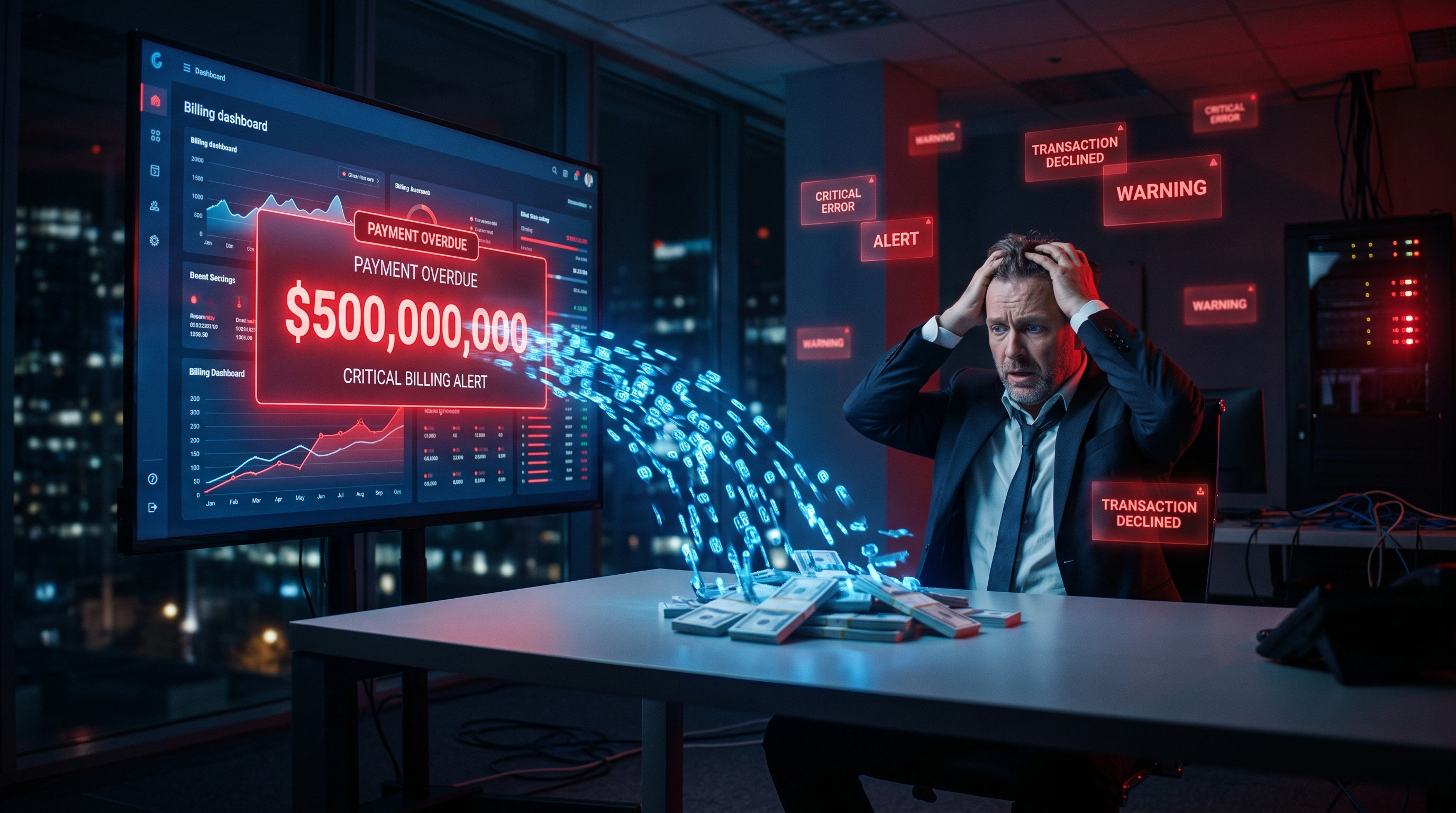 Stressed CFO staring at a billing dashboard showing a $500 million AI cost overrun, red warning alerts floating in the air
