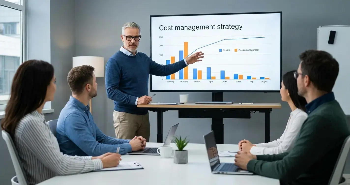 A senior engineering manager confidently presenting a cost management strategy on a large screen to a small team