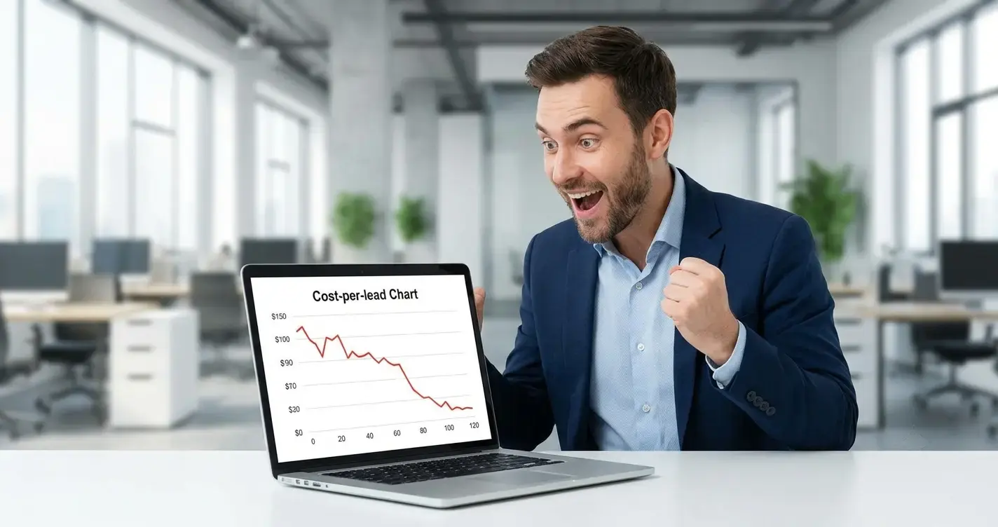 A sales manager looking surprised and delighted at their laptop screen showing a cost-per-lead chart dropping dramatically