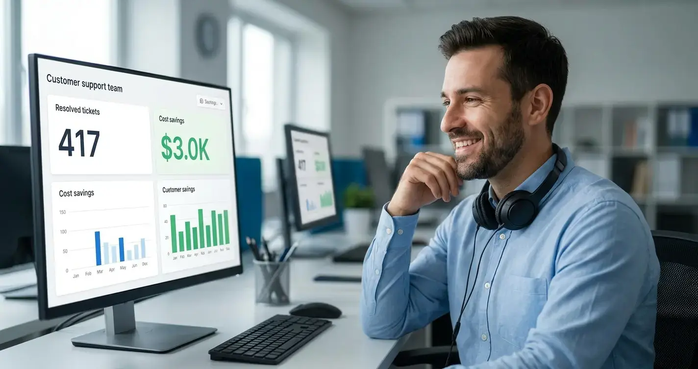 A customer support team lead smiling while looking at a dashboard showing resolved ticket counts and cost savings