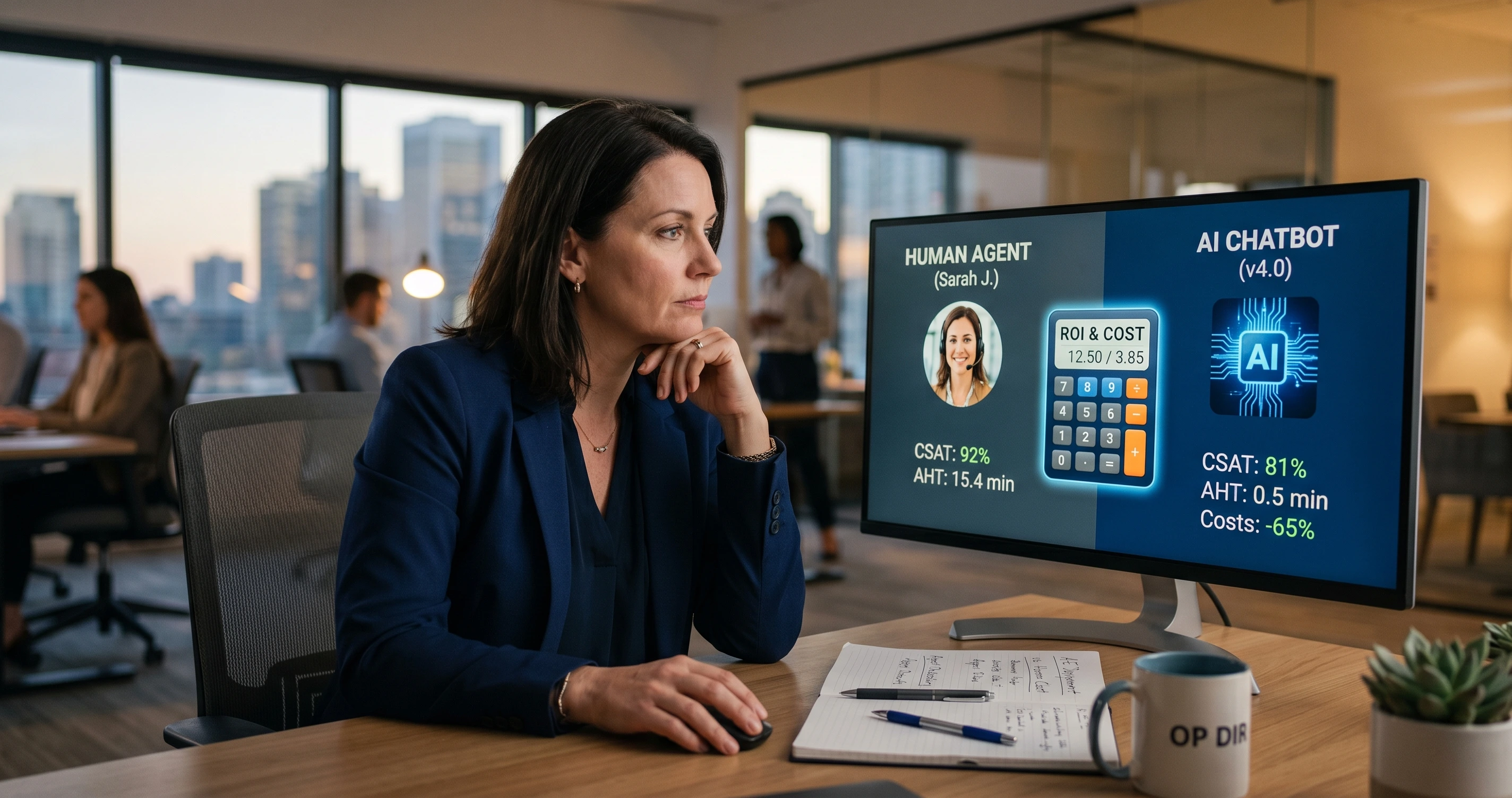 Operations director contemplating the cost of replacing a support rep with AI, comparing human and chatbot options on screen