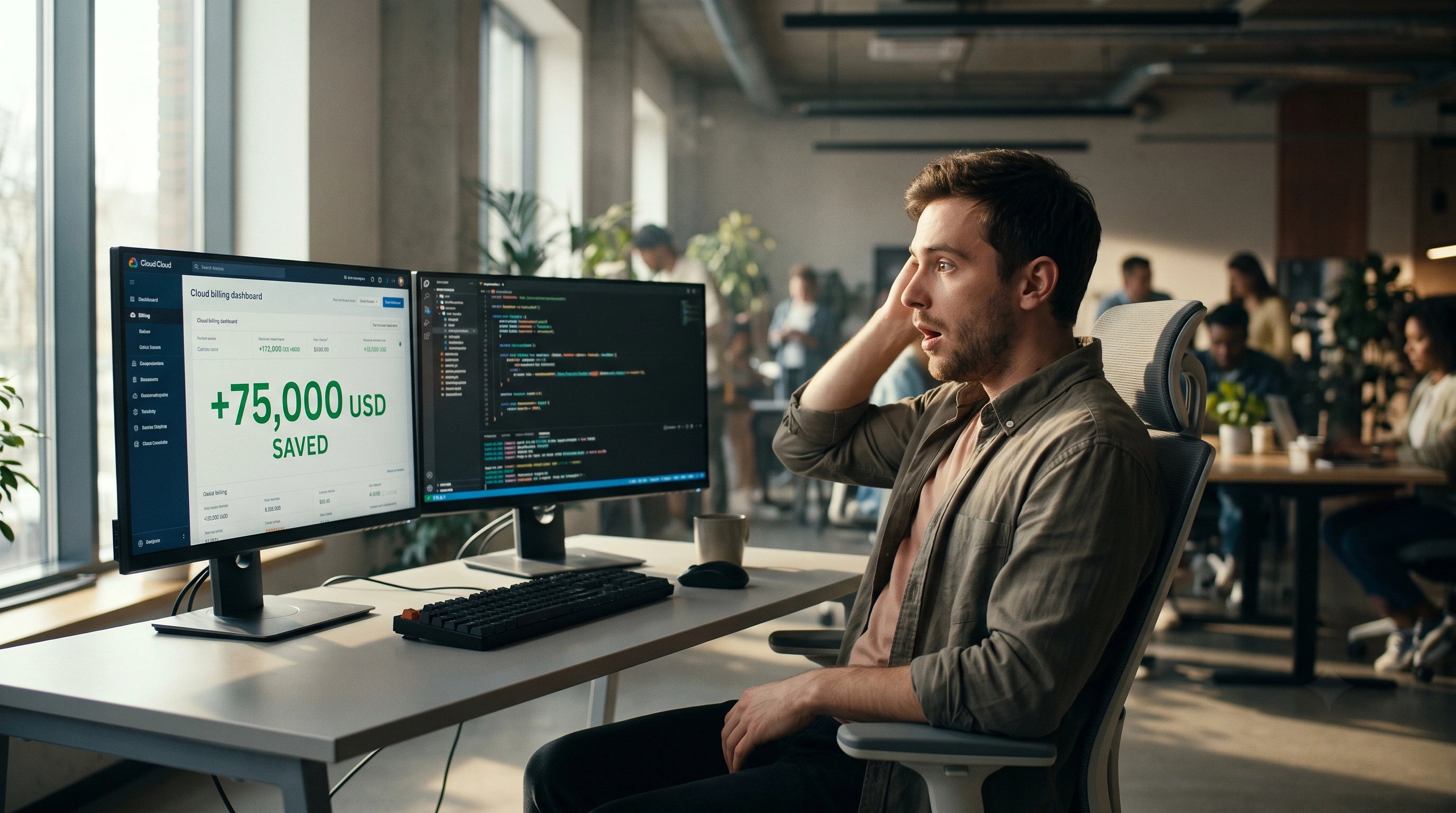 Startup founder comparing cloud invoices on multiple screens with a relieved expression after finding lower prices