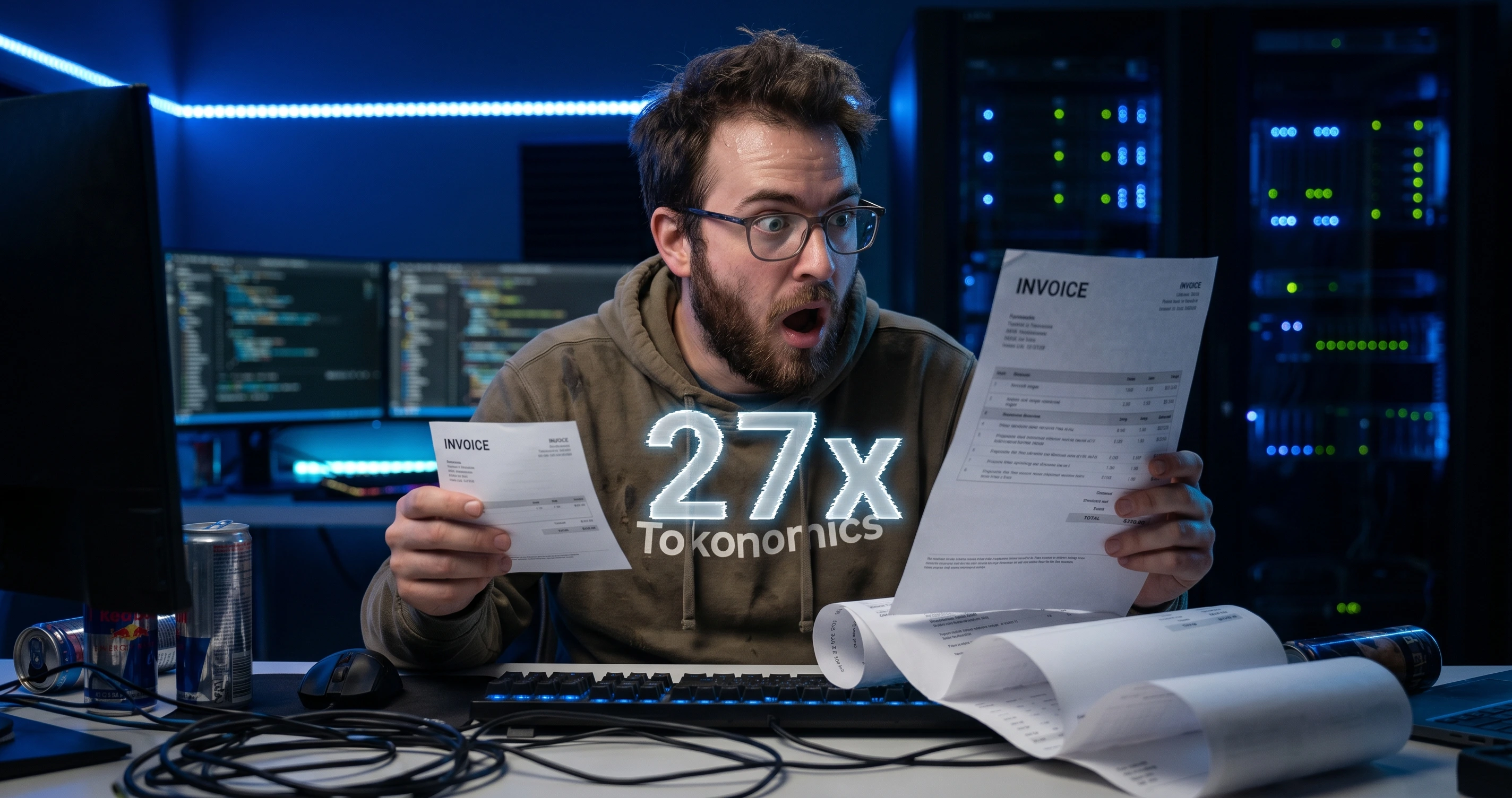 Developer looking shocked at two invoices side by side showing a 27x cost difference between DeepSeek R1 and o1