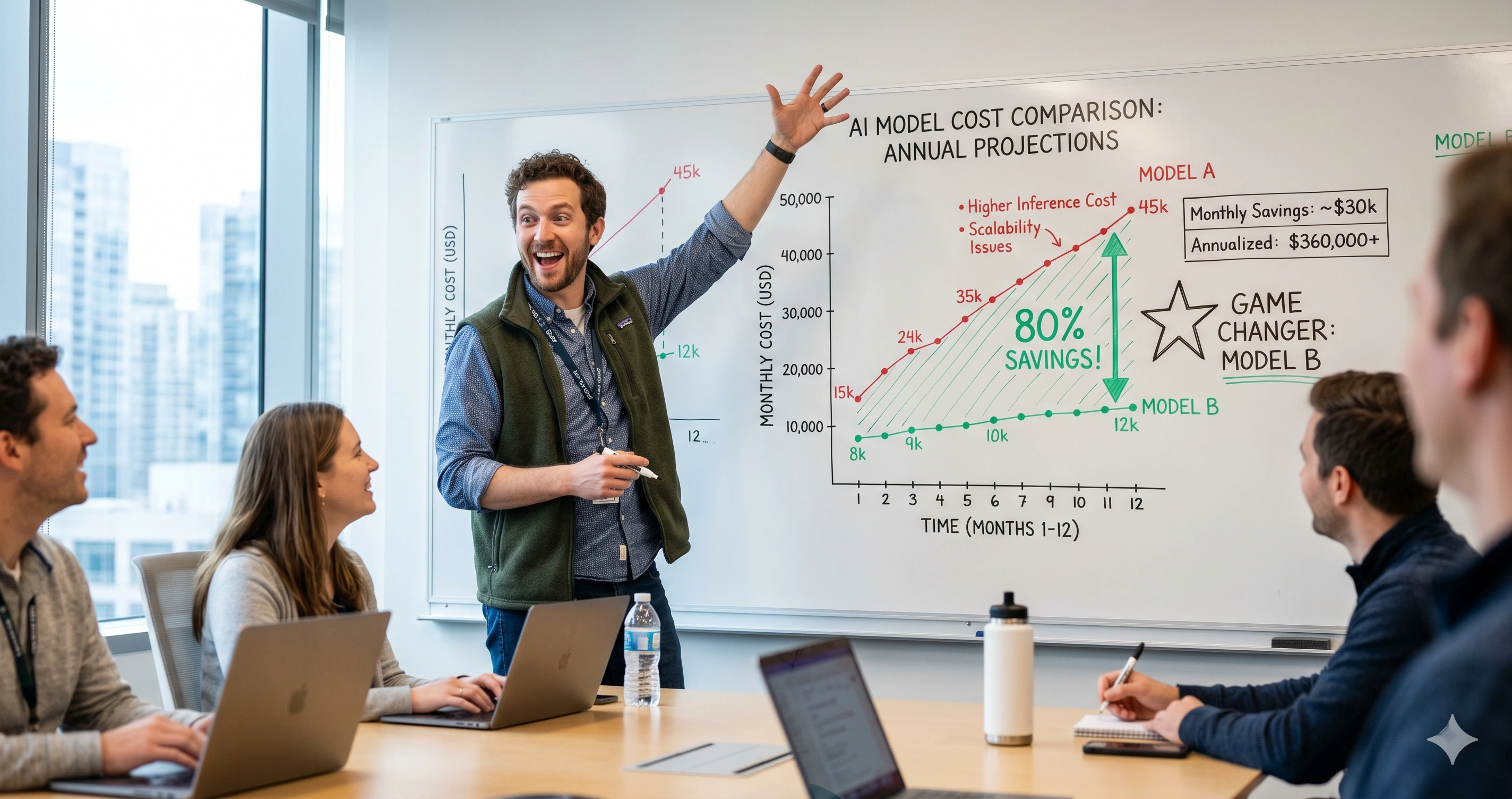 Tech lead at a whiteboard drawing a cost comparison chart between DeepSeek and GPT-4o, excited about the price difference