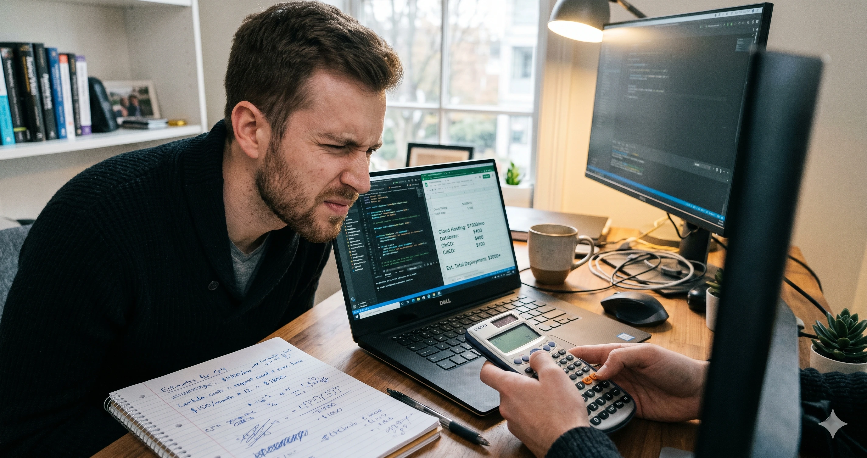 Developer using a calculator next to their laptop, planning an LLM API budget before deployment