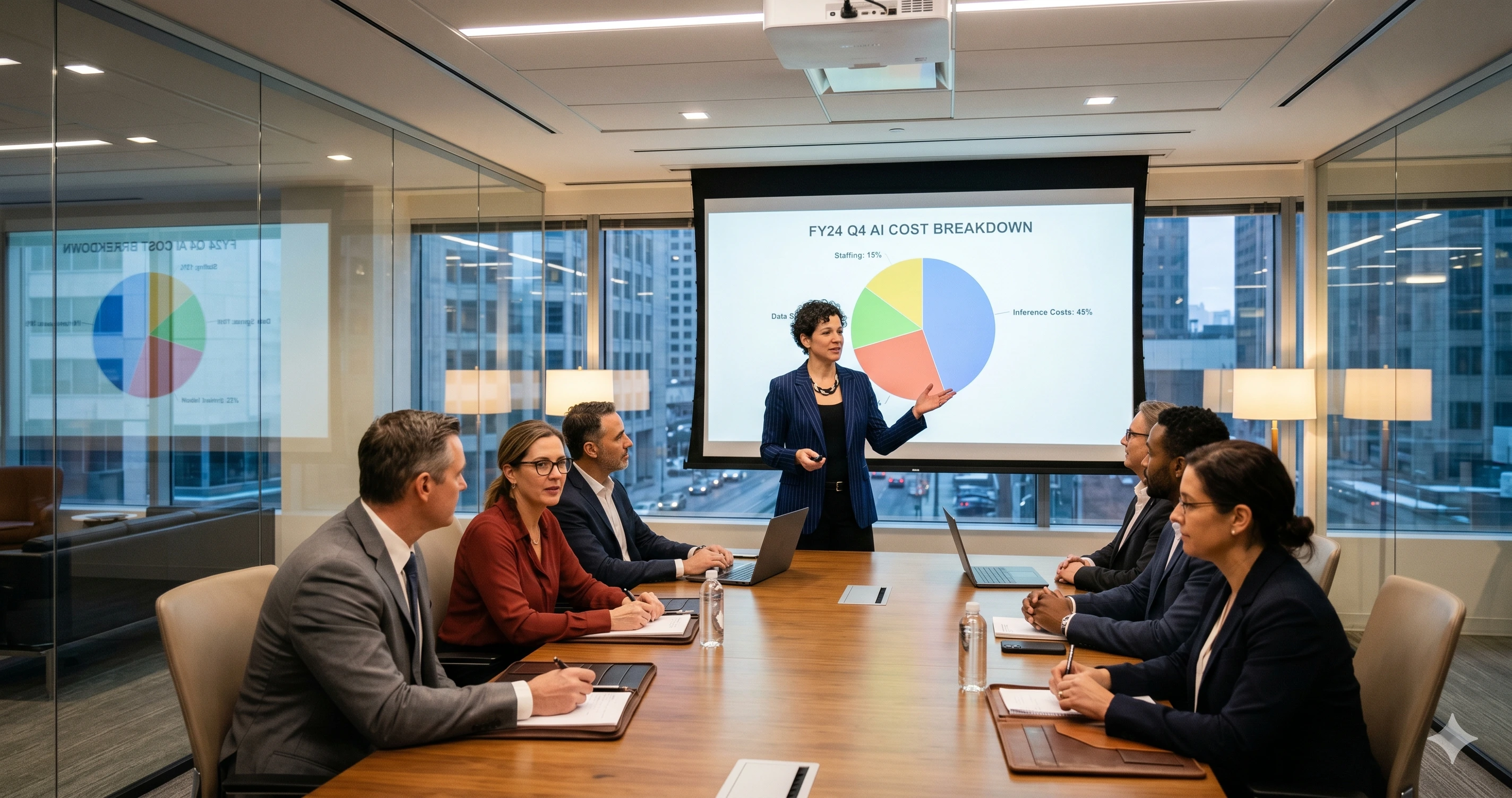 CTO presenting AI cost slides to engaged executives in a glass conference room with pie chart on projector