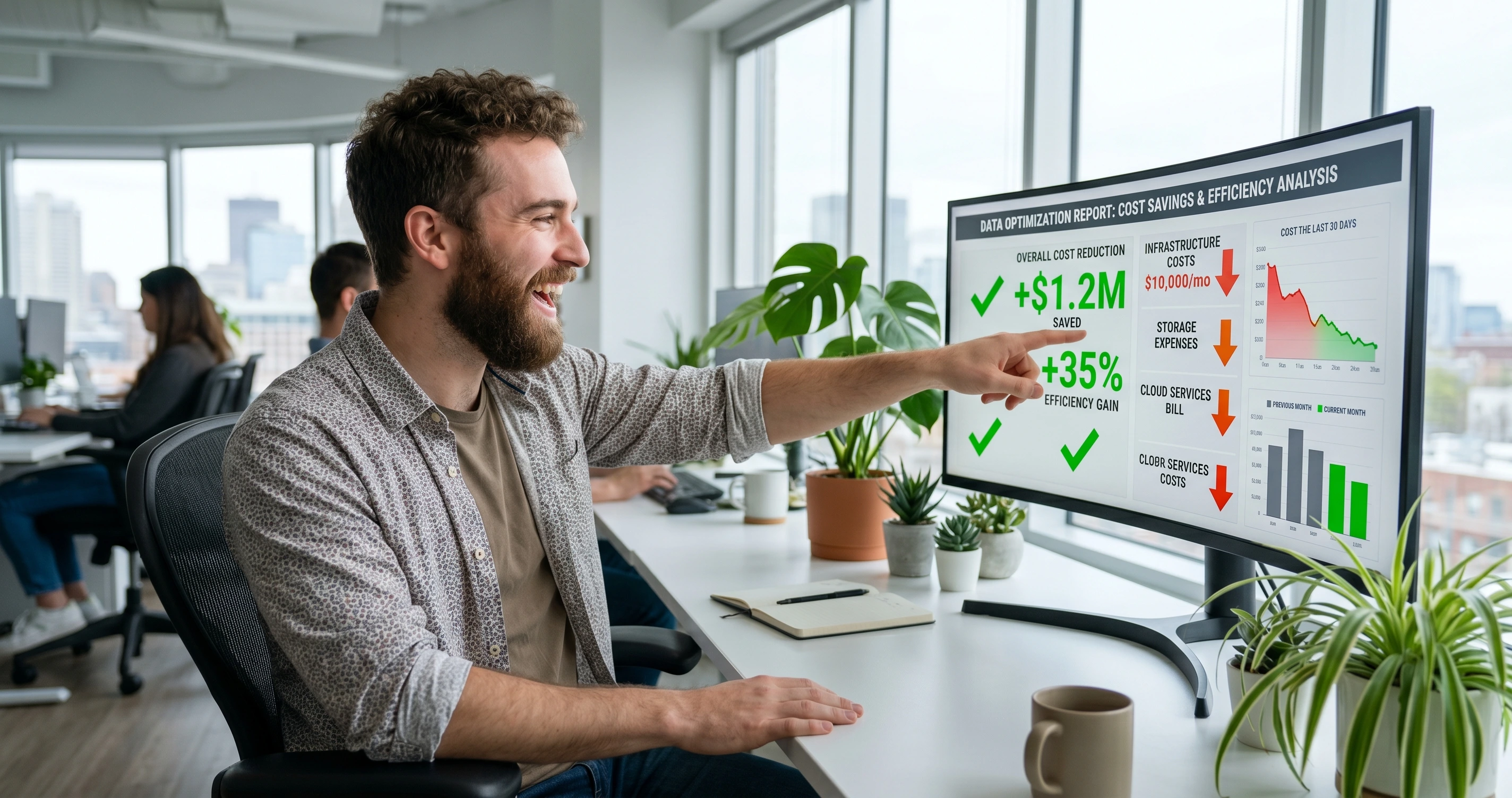 Data engineer pointing excitedly at a screen showing an optimization report with green savings indicators