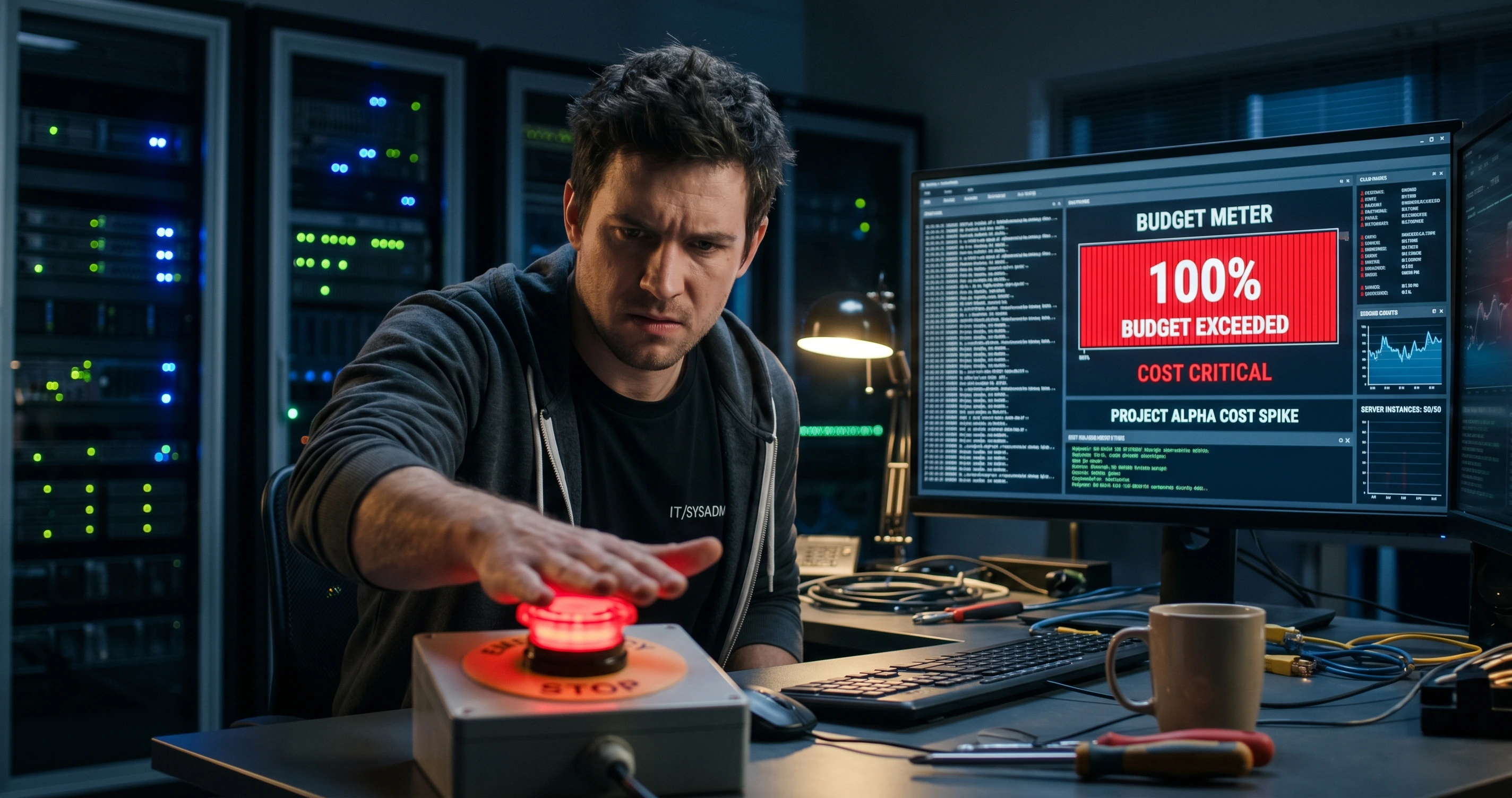 Sysadmin pressing a big red stop button with a budget meter showing 100% on the monitor behind them