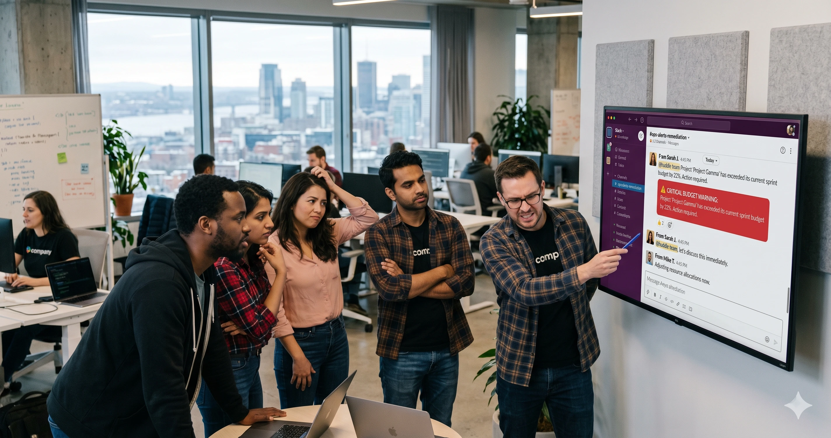 Team of developers looking at a Slack budget warning notification on a large screen in an open-plan office