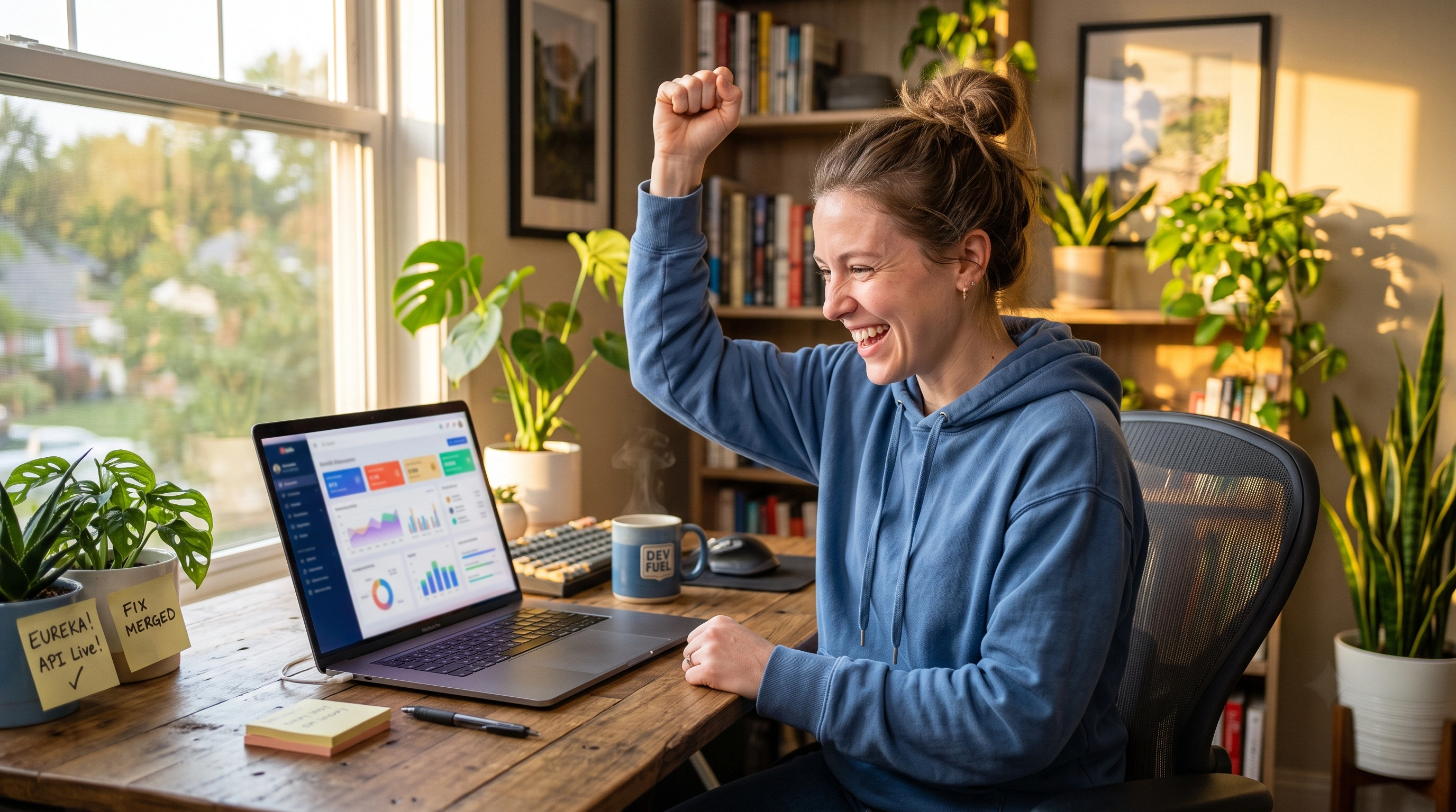 Developer celebrating at her desk after seeing a surprisingly low AI API bill on her monitor