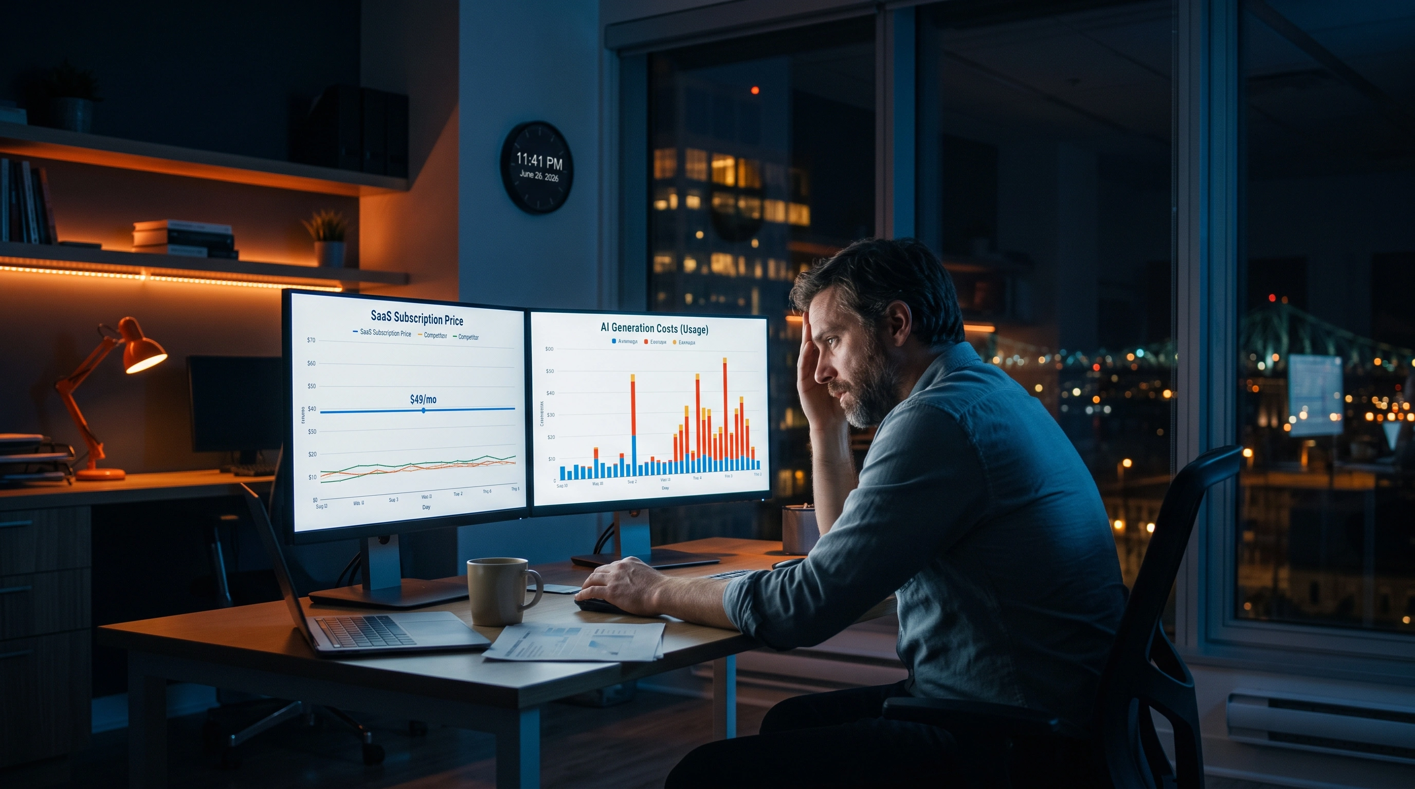 SaaS founder analyzing fluctuating AI costs on a dashboard with pricing tiers