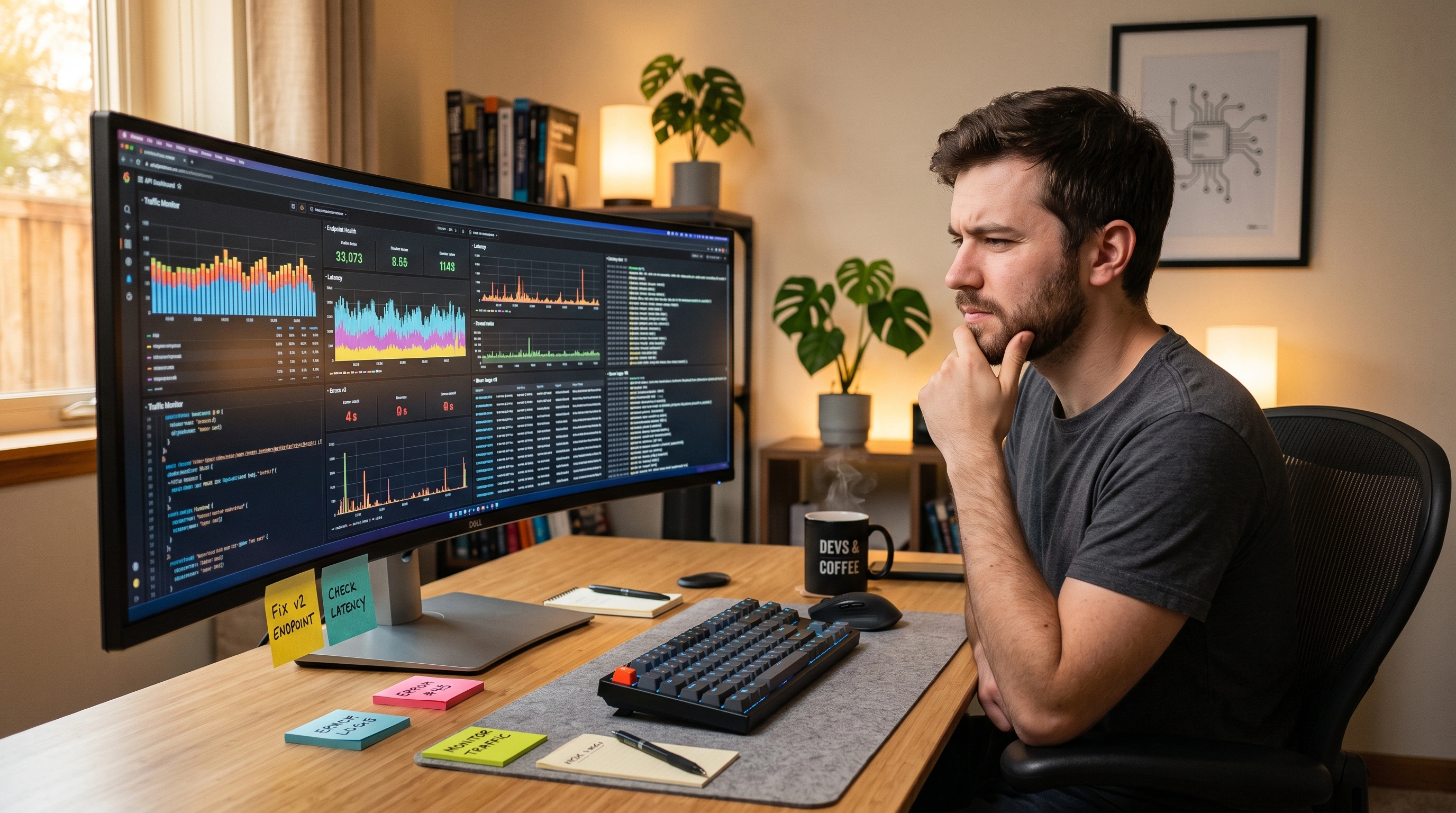 Developer at his desk comparing multiple API dashboards on a widescreen monitor with a thoughtful expression