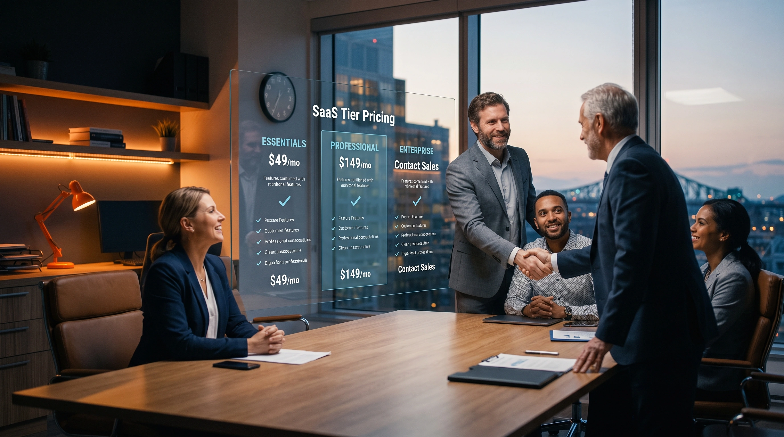 Business owner presenting transparent AI pricing to a satisfied customer
