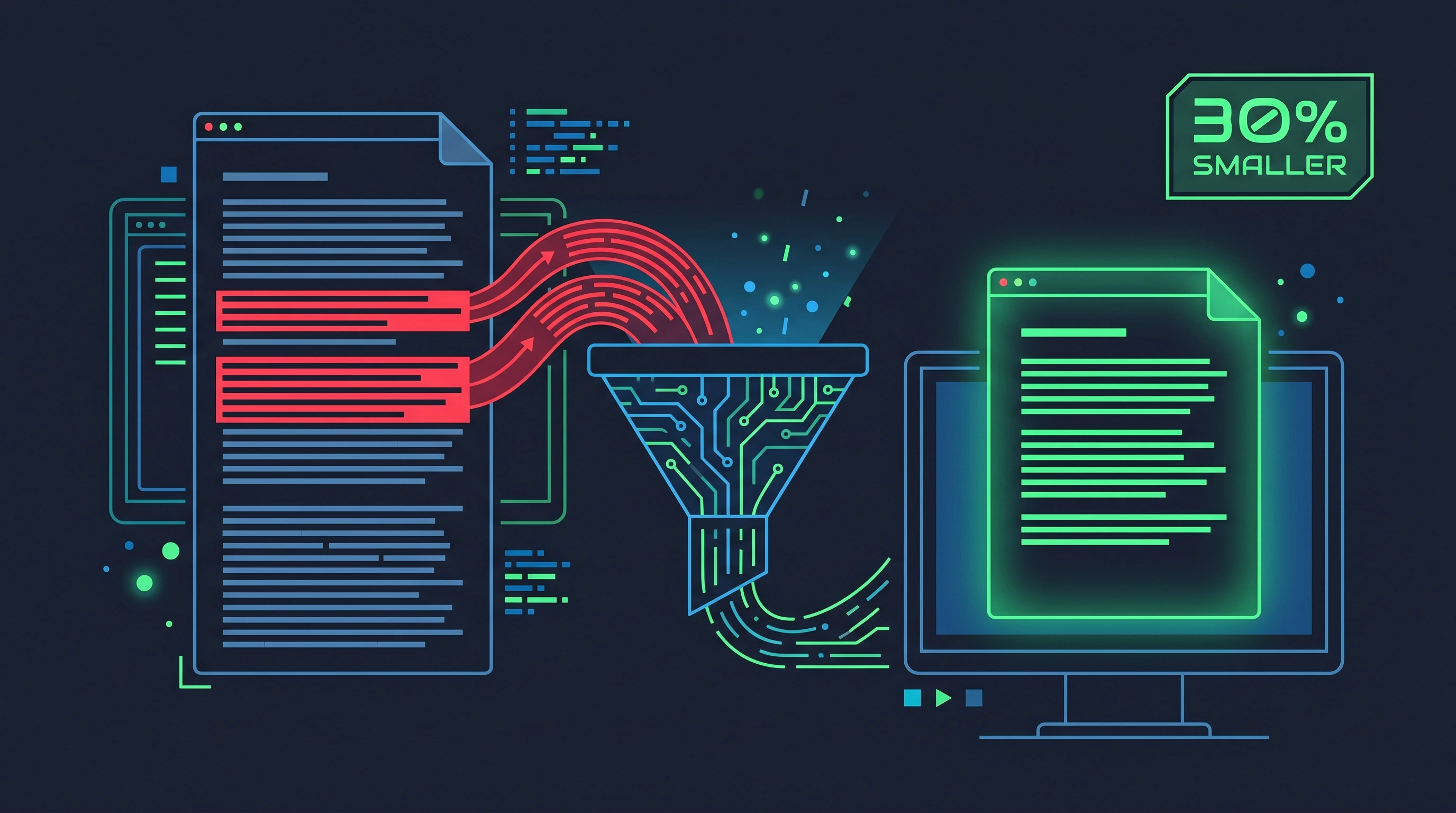 Diagram showing prompt compression techniques that reduce LLM token count and API costs