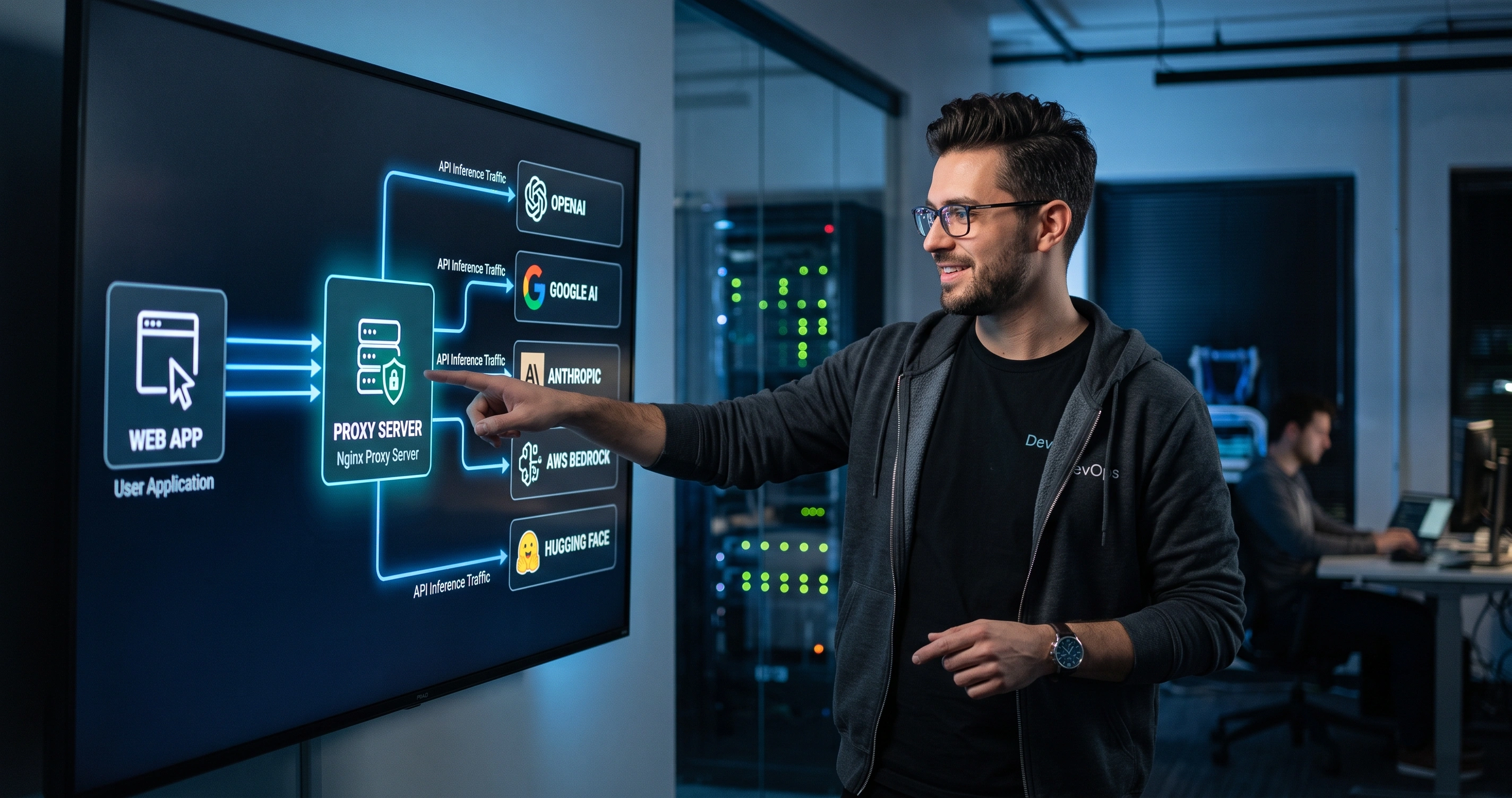 Developer monitoring an LLM proxy dashboard showing real-time API cost tracking across multiple AI providers