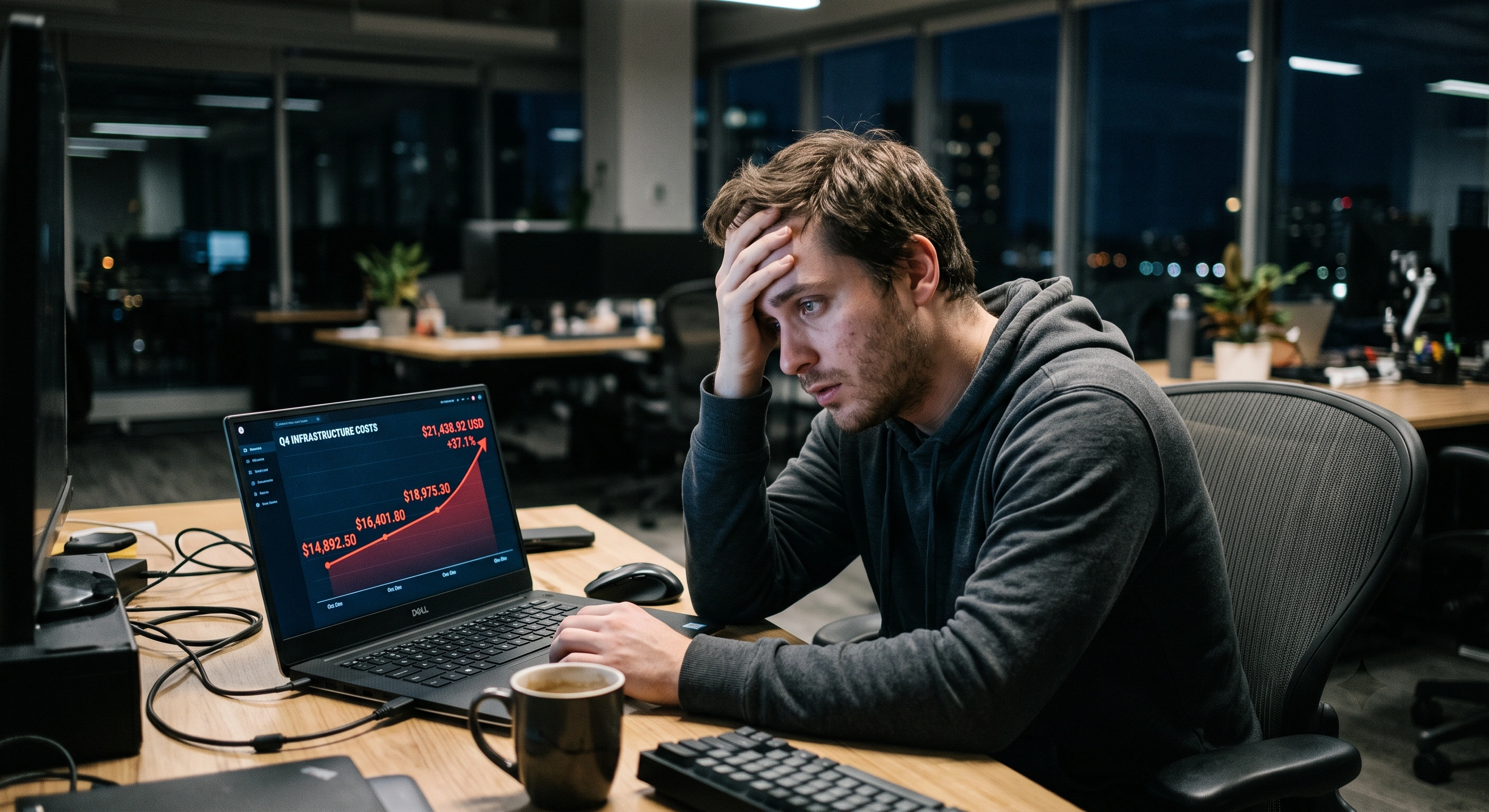 Stressed developer staring at his laptop screen showing a rising cost graph with a worried expression in a dimly lit office
