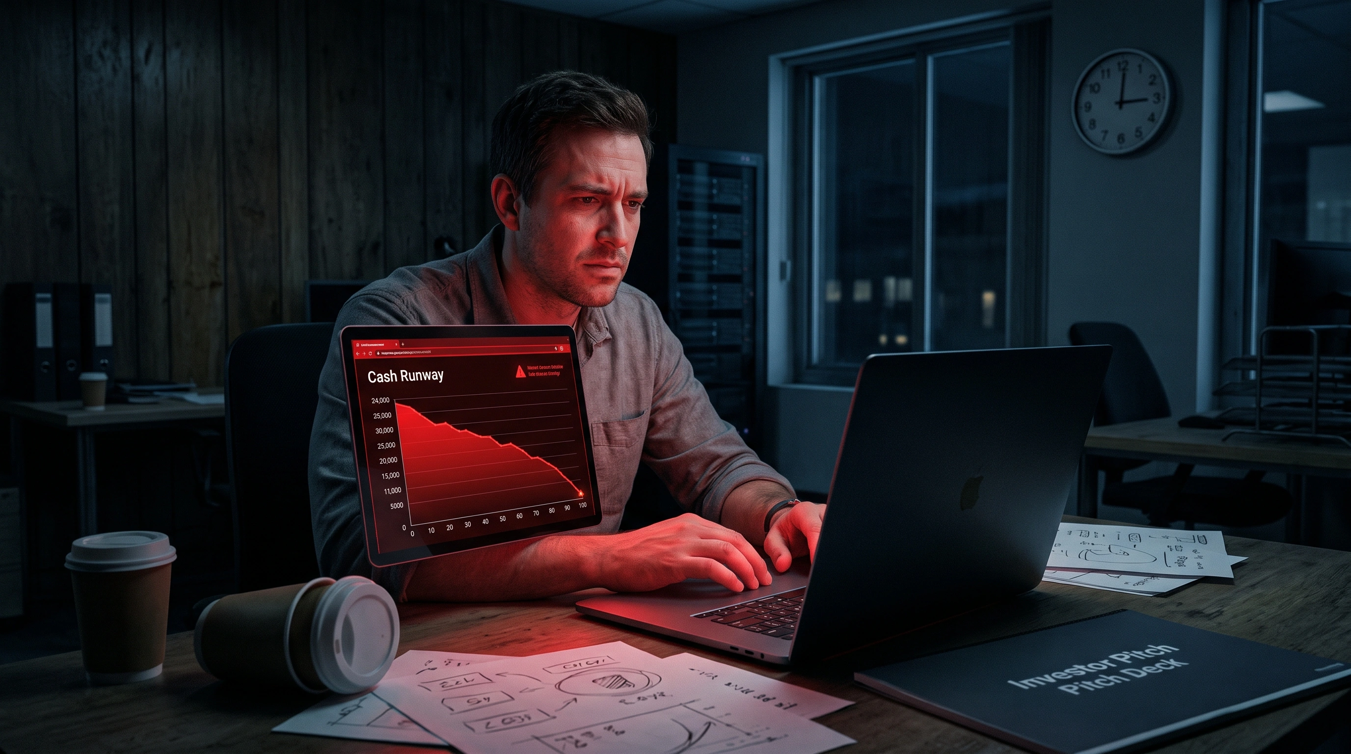 Stressed startup founder watching AI costs climb on a dashboard with a runway countdown