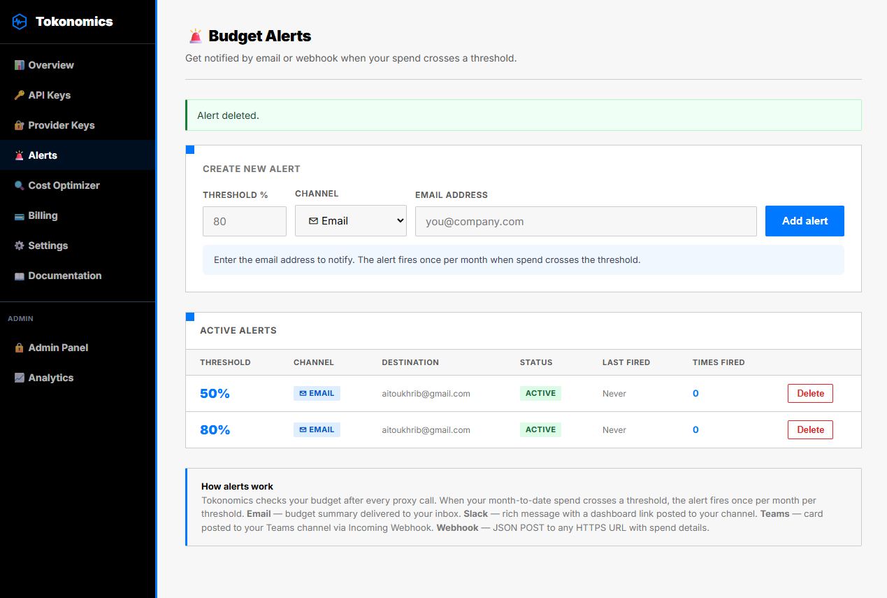 Tokonomics budget alerts configuration — set thresholds by percentage with email, Slack, or Teams notifications